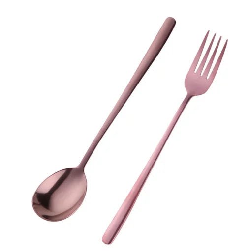 2PC Korean Food Stainless Steel Dinnerware Prong Fork Rose Gold Cooffee Spoon Set Long Handle Black Korean Ladle Kitchen Tools