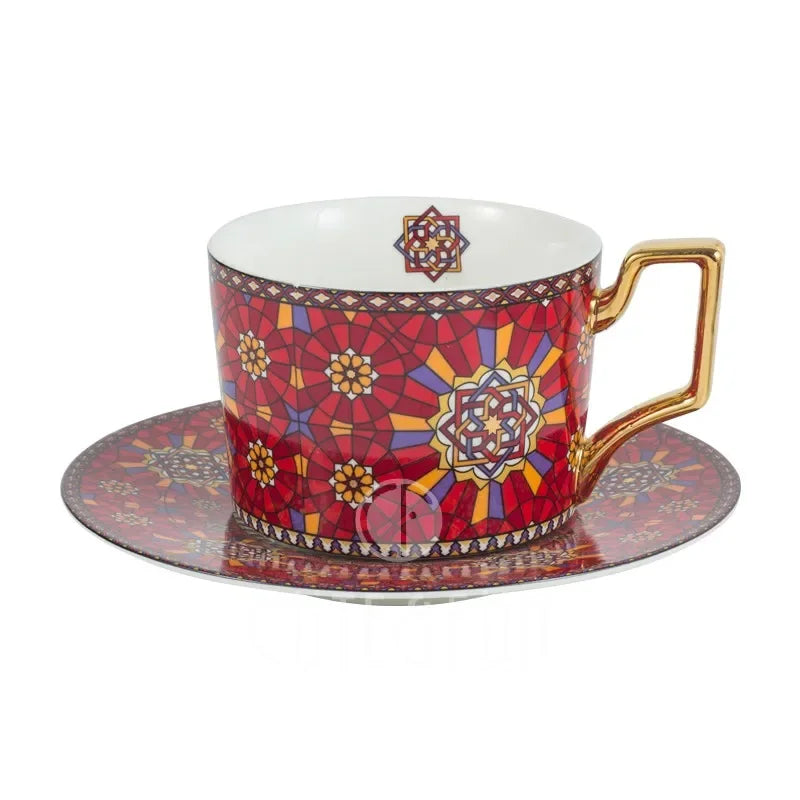 Moroccan Style Luxury Coffee Cup and  Set with Gold Handle for Special Coffee Cappuccino Ceramic Tea Cup 250ml