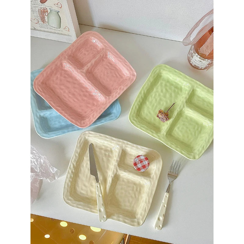 Korean Style Buffet Plate Creative Sweet Solid Color Rectangle Three-Grids Restaurant Kitchen Tableware Vegetable Rice Plates