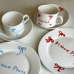 Korean Cute Bow Coffee Cup Plate Ceramic Plate Dessert Plate Kitchen Plates Sets Dinner Plates