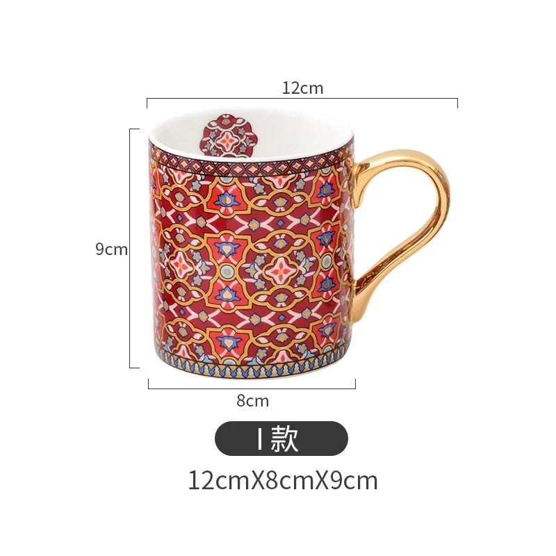 Moroccan Style Coffee Mug with Gold Handle Vintage Texture Ceramic Tea Cup Breakfast milk Cup for Couple Wedding Gift 300ml