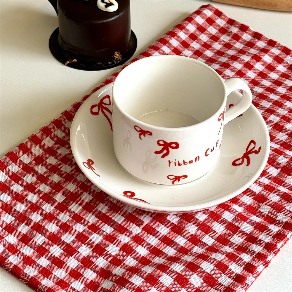 Korean Cute Bow Coffee Cup Plate Ceramic Plate Dessert Plate Kitchen Plates Sets Dinner Plates