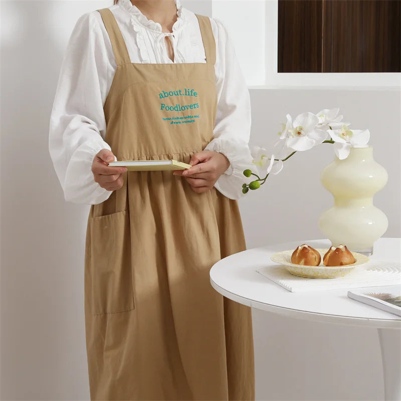 Korean Plus Size Embroidery Waterproof Cotton Apron for Kitchen Beauty Salon Nail Cross-back Women's Pinafore for Cooking Baking