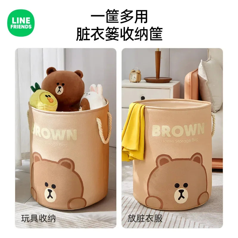 LINE FRIENDS Brown Household Dirty Clothes Basket Kawaii Bathroom Portable Oxford Cloth Foldable Thickened Toy Storage Bucket