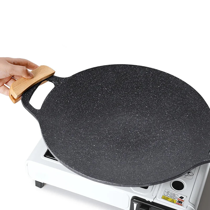 28-34cm Non-Stick Outdoor Camping Grill Pan Cast Iron Round Korean Roastig Grill Plate Steak Cooking Frying Pan Gas BBQ Griddle