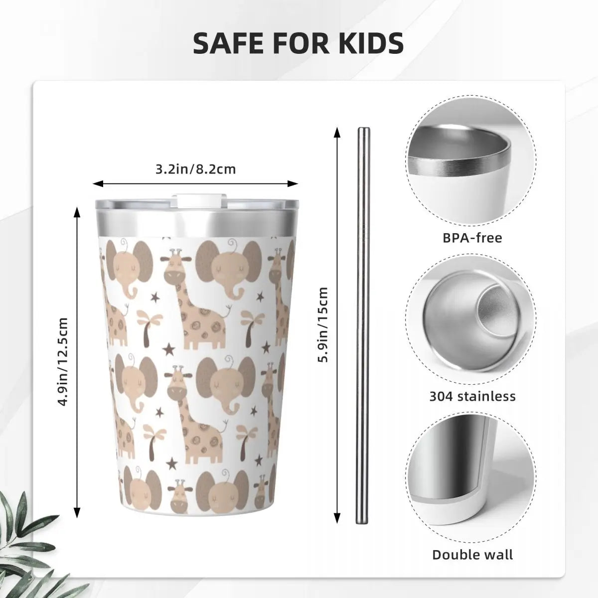 Cute Wild Animal African Cup with Straw Thermos Bottle Coffee Stainless Steel Double-layer Insulation Travel Mug Vacuum Flask