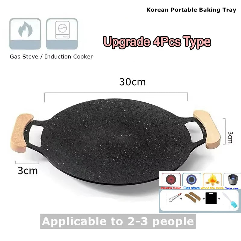 28-34cm Non-Stick Outdoor Camping Grill Pan Cast Iron Round Korean Roastig Grill Plate Steak Cooking Frying Pan Gas BBQ Griddle