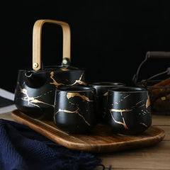 Marbled Home Tea Set Japanese Black & White Ceramic Afternoon Tea Cup with Acacia Wood Base Teapot