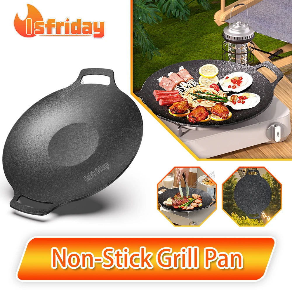 30/33/36/39cm Grill Pan Korean Round Non-Stick Barbecue Plate Outdoor Travel Camping BBQ Frying Pan Barbecue Accessories