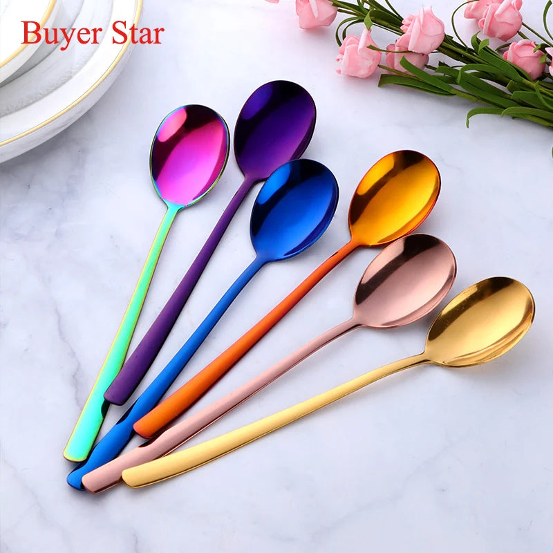 2PC Korean Food Stainless Steel Dinnerware Prong Fork Rose Gold Cooffee Spoon Set Long Handle Black Korean Ladle Kitchen Tools