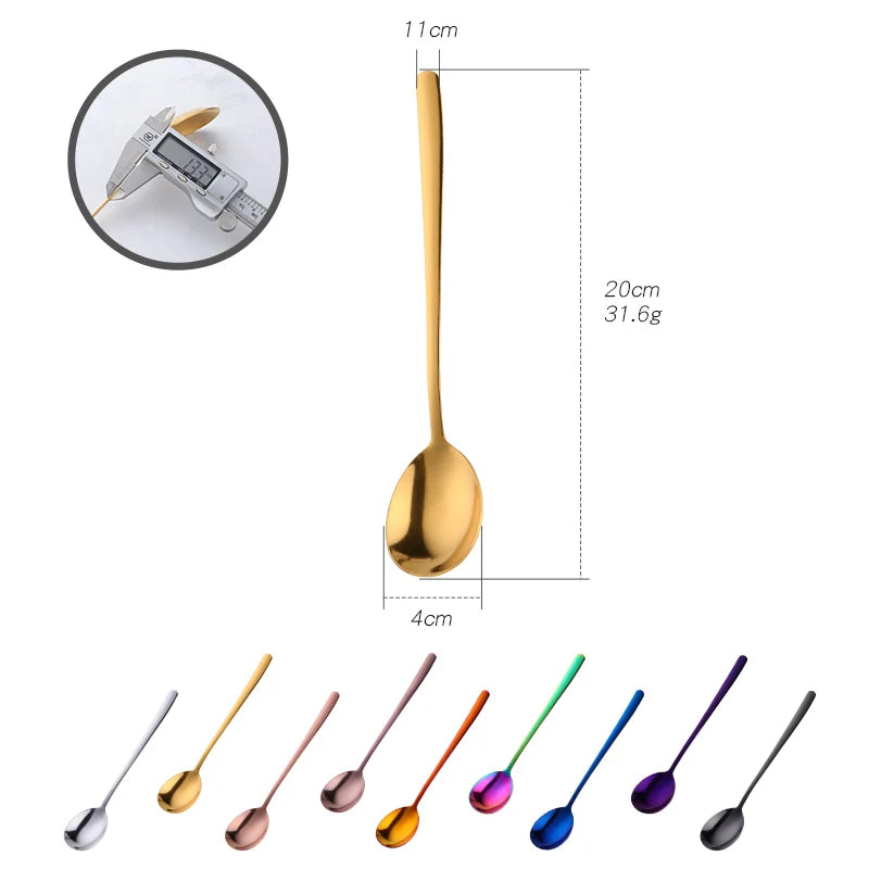 2PC Korean Food Stainless Steel Dinnerware Prong Fork Rose Gold Cooffee Spoon Set Long Handle Black Korean Ladle Kitchen Tools