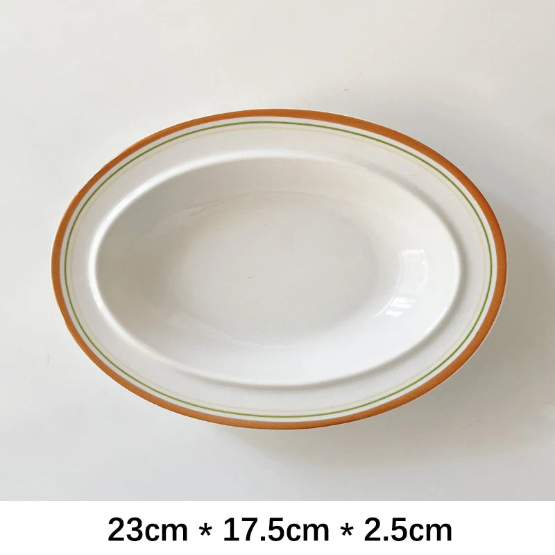 Oval Ceramic Plate Korean Style Ins Striped Porcelain Dinnerware Vegetables Fruit Salad Pasta Breakfast Plates Kitchen Supplies