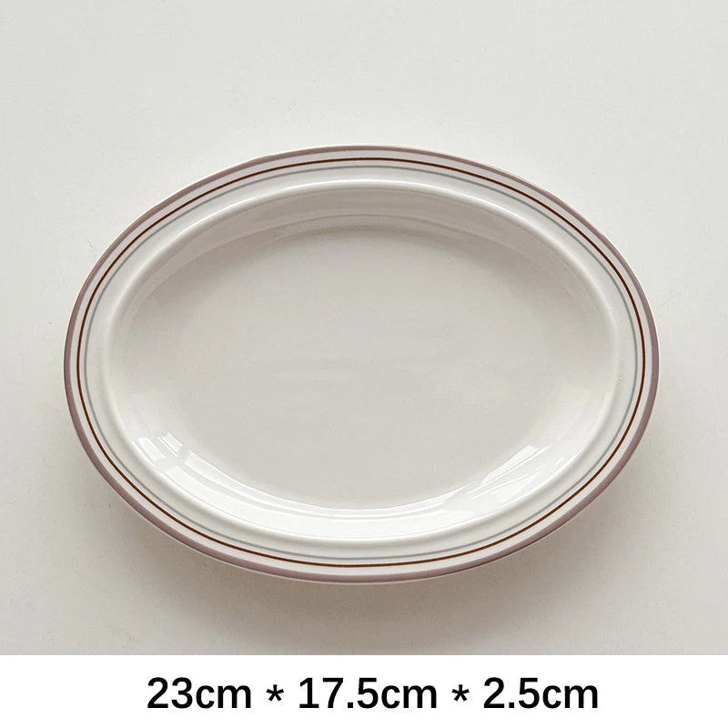 Oval Ceramic Plate Korean Style Ins Striped Porcelain Dinnerware Vegetables Fruit Salad Pasta Breakfast Plates Kitchen Supplies