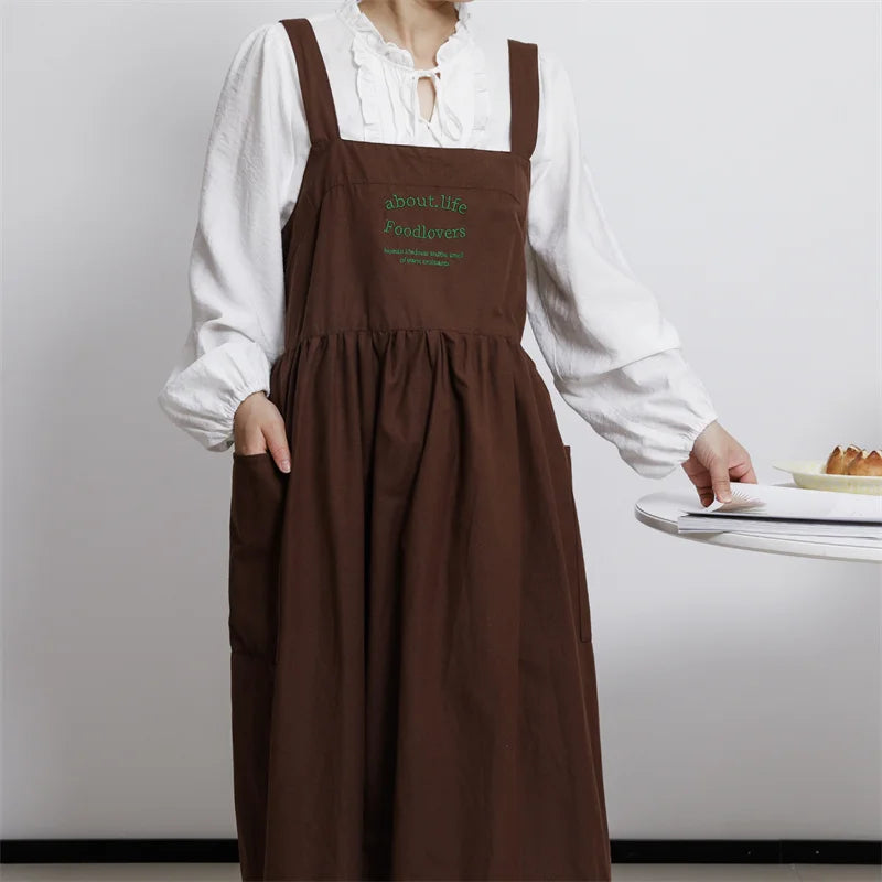 Korean Plus Size Embroidery Waterproof Cotton Apron for Kitchen Beauty Salon Nail Cross-back Women's Pinafore for Cooking Baking