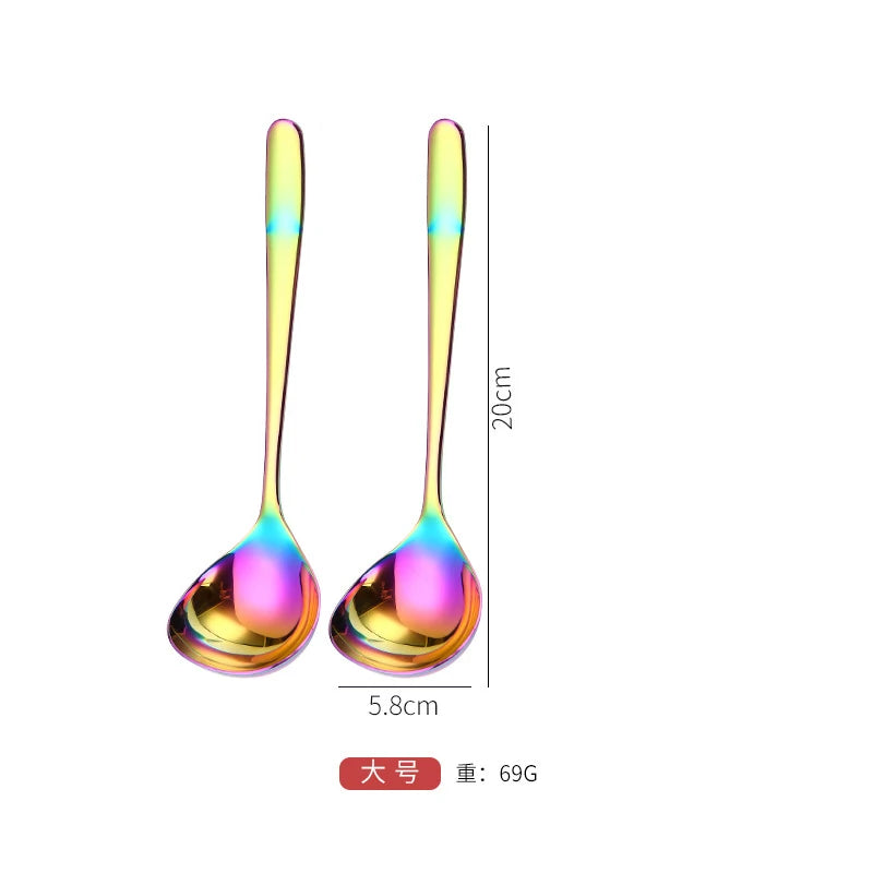 2pcs set, colorful stainless steel soup spoon for dinner serving, long handle ladle, korean noodle spoon, kitchen spoon cooking