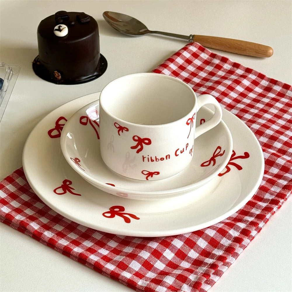 Korean Cute Bow Coffee Cup Plate Ceramic Plate Dessert Plate Kitchen Plates Sets Dinner Plates