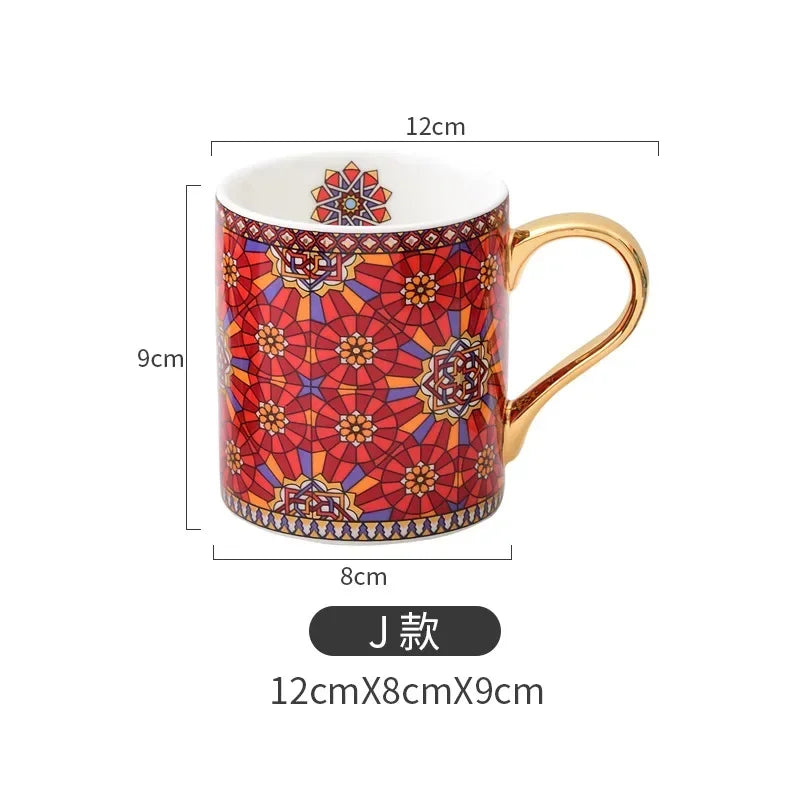 Moroccan Style Coffee Mug with Gold Handle Vintage Texture Ceramic Tea Cup Breakfast milk Cup for Couple Wedding Gift 300ml