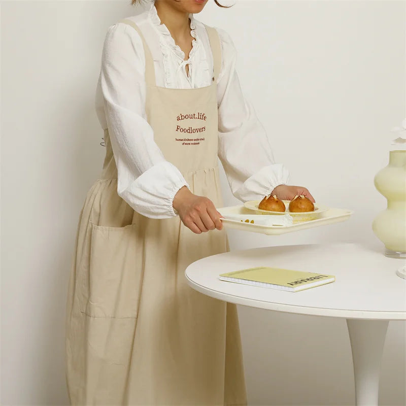 Korean Plus Size Embroidery Waterproof Cotton Apron for Kitchen Beauty Salon Nail Cross-back Women's Pinafore for Cooking Baking