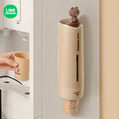 Cartoon Brown Disposable Cup Storage Box Kawaii Line Friends Wall Mounted Dust Proof Household Water Dispenser Paper Cup Holder