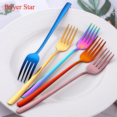 2PC Korean Food Stainless Steel Dinnerware Prong Fork Rose Gold Cooffee Spoon Set Long Handle Black Korean Ladle Kitchen Tools