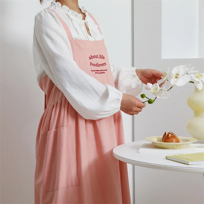 Korean Plus Size Embroidery Waterproof Cotton Apron for Kitchen Beauty Salon Nail Cross-back Women's Pinafore for Cooking Baking