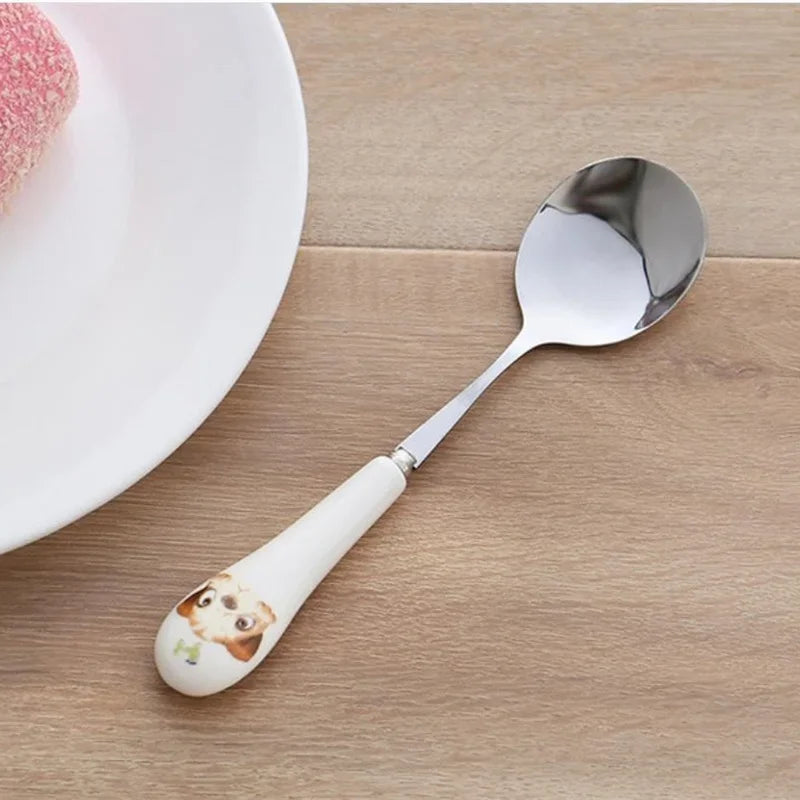 Korean Creative Cartoon Animal Ceramic Handle Stainless Steel Spoon Coffee Tea Spoon Child Meal Spoon Household Kitchen Supplies