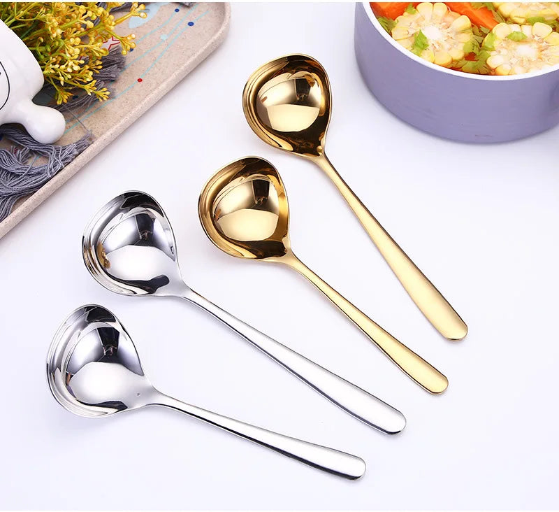 2pcs set, colorful stainless steel soup spoon for dinner serving, long handle ladle, korean noodle spoon, kitchen spoon cooking