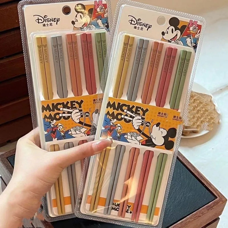 5 Pairs Disney Mickey Kitchen Tableware Japanese Chopsticks Sushi Sticks Reusable Metal Korean Chopsticks Set Alloy Tableware