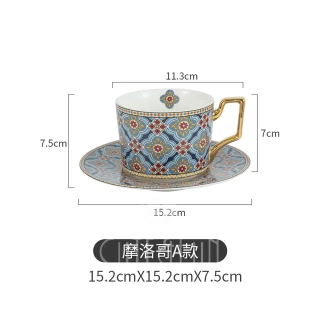 Moroccan Style Luxury Coffee Cup and  Set with Gold Handle for Special Coffee Cappuccino Ceramic Tea Cup 250ml