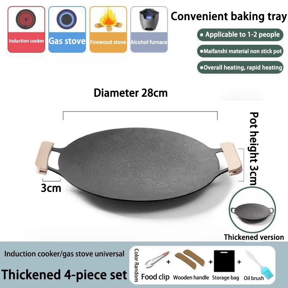 Korean BBQ Grill Pan Smokeless Round Griddle Pan Barbecue Plate Indoor Outdoor Grilling Frying Pan with Heat-resistant holder