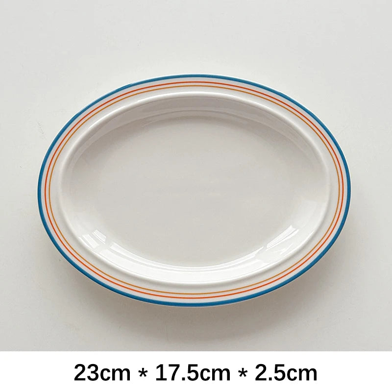 Oval Ceramic Plate Korean Style Ins Striped Porcelain Dinnerware Vegetables Fruit Salad Pasta Breakfast Plates Kitchen Supplies