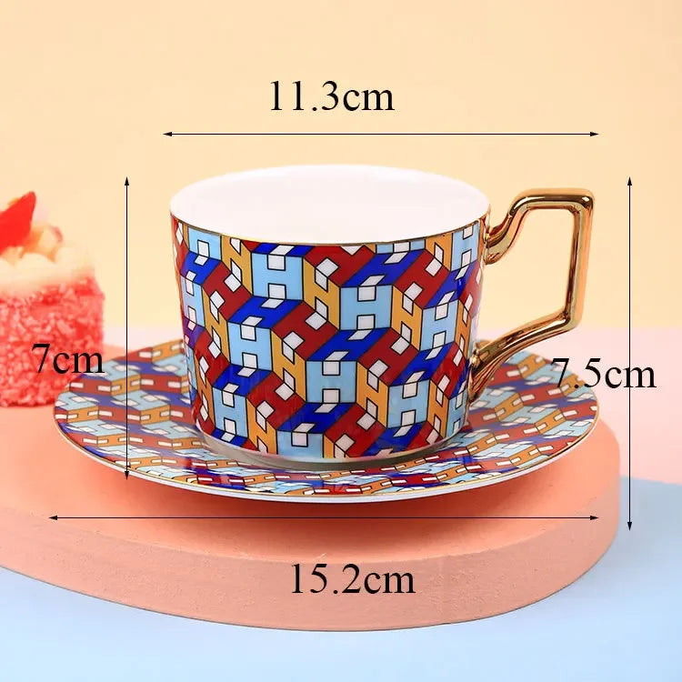 Nordic Moroccan Porcelain Coffee Cup and Saucer Set with Golden Handle Luxury Ceramic Couple Cafe Cups Afternoon Tea Mug 250ml