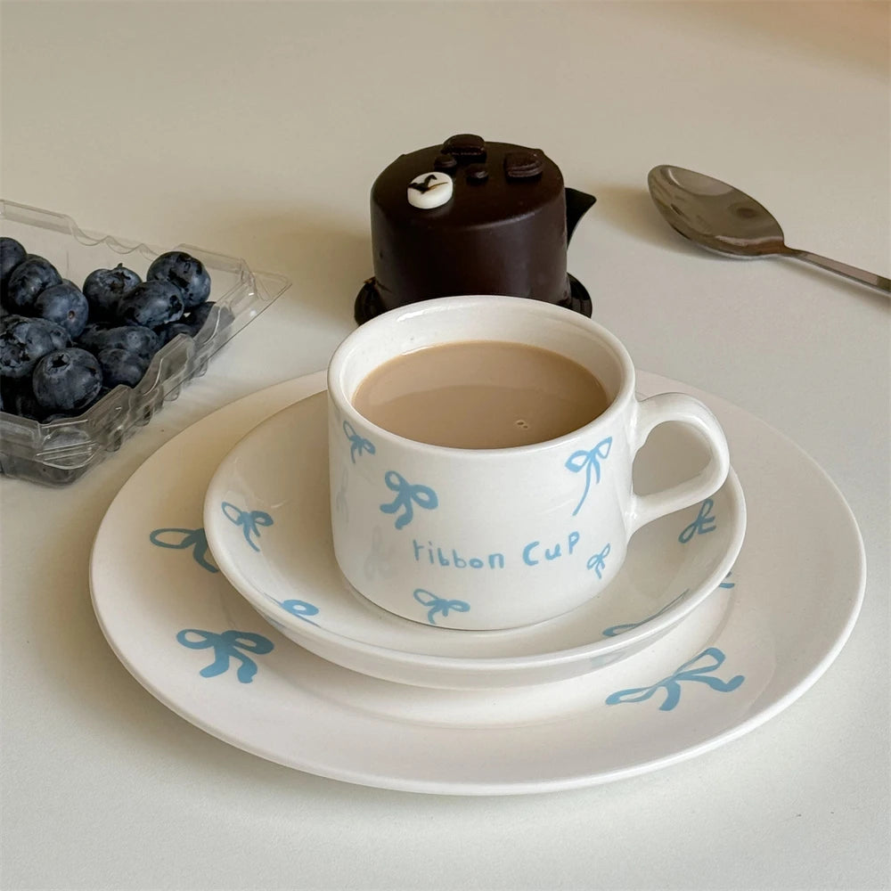 Korean Cute Bow Coffee Cup Plate Ceramic Plate Dessert Plate Kitchen Plates Sets Dinner Plates