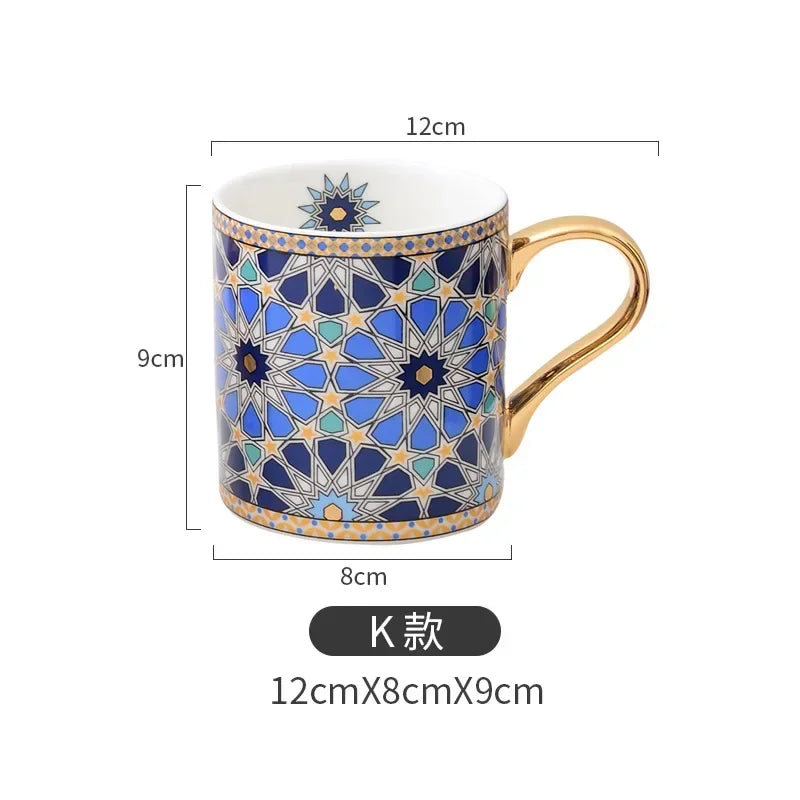 Moroccan Style Coffee Mug with Gold Handle Vintage Texture Ceramic Tea Cup Breakfast milk Cup for Couple Wedding Gift 300ml