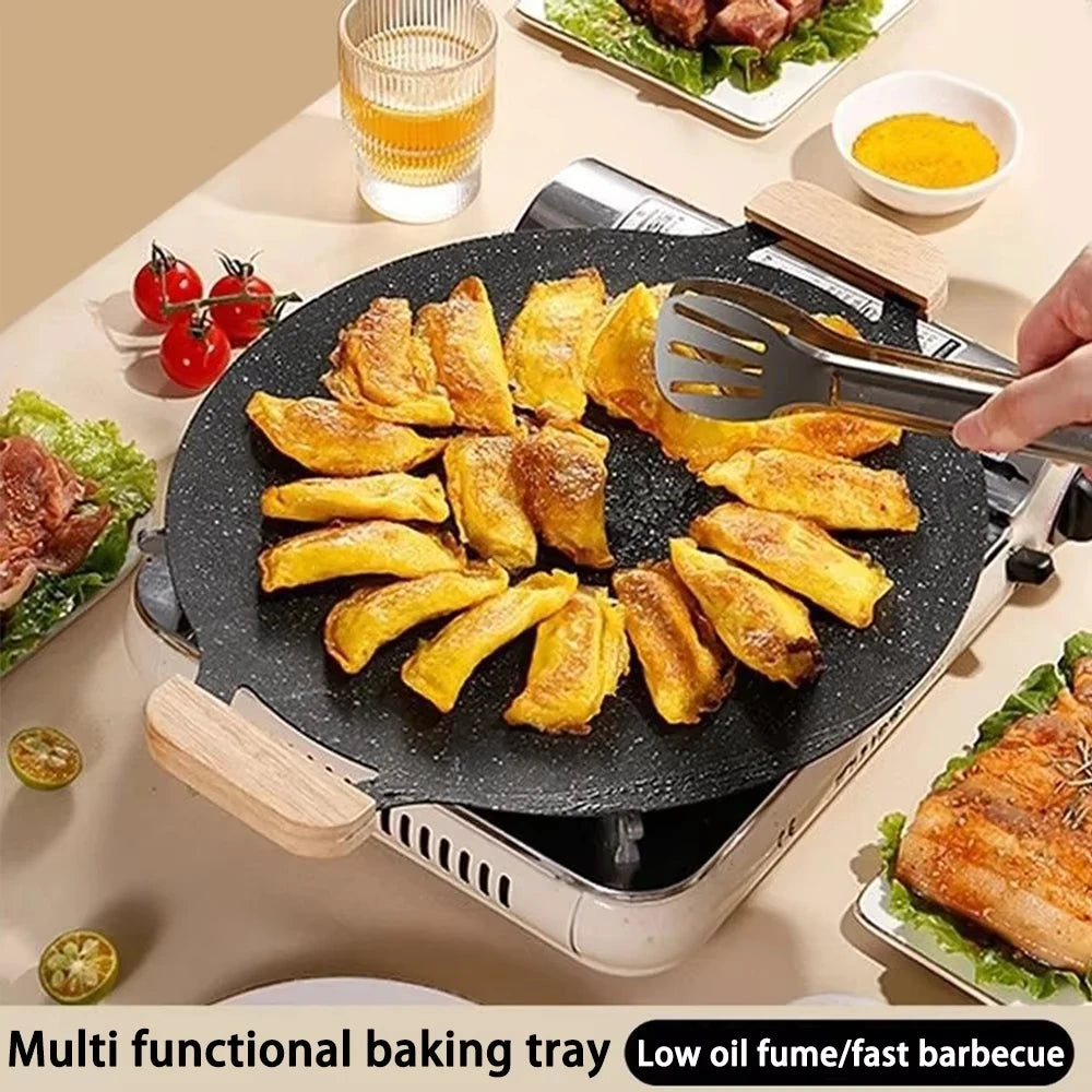 Korean BBQ Grill Pan Smokeless Round Griddle Pan Barbecue Plate Indoor Outdoor Grilling Frying Pan with Heat-resistant holder