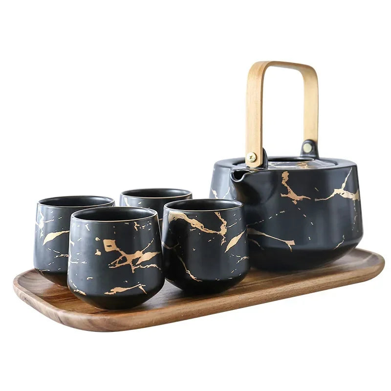 Marbled Home Tea Set Japanese Black & White Ceramic Afternoon Tea Cup with Acacia Wood Base Teapot