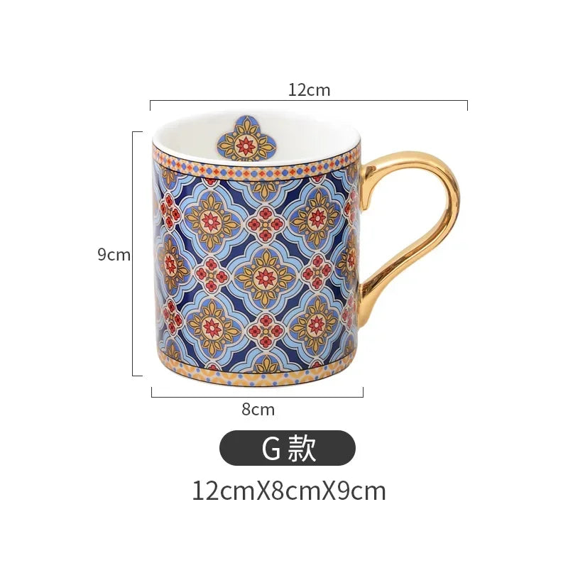 Moroccan Style Coffee Mug with Gold Handle Vintage Texture Ceramic Tea Cup Breakfast milk Cup for Couple Wedding Gift 300ml