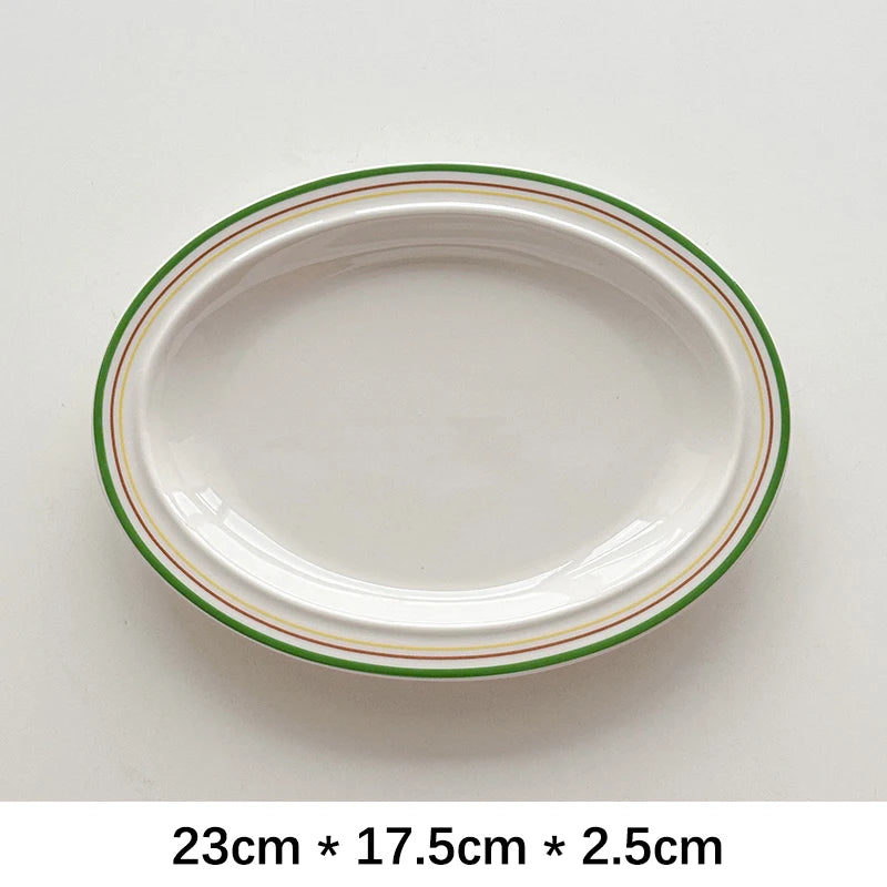 Oval Ceramic Plate Korean Style Ins Striped Porcelain Dinnerware Vegetables Fruit Salad Pasta Breakfast Plates Kitchen Supplies