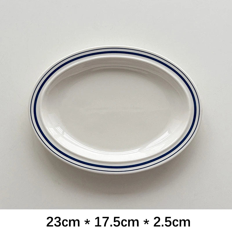 Oval Ceramic Plate Korean Style Ins Striped Porcelain Dinnerware Vegetables Fruit Salad Pasta Breakfast Plates Kitchen Supplies