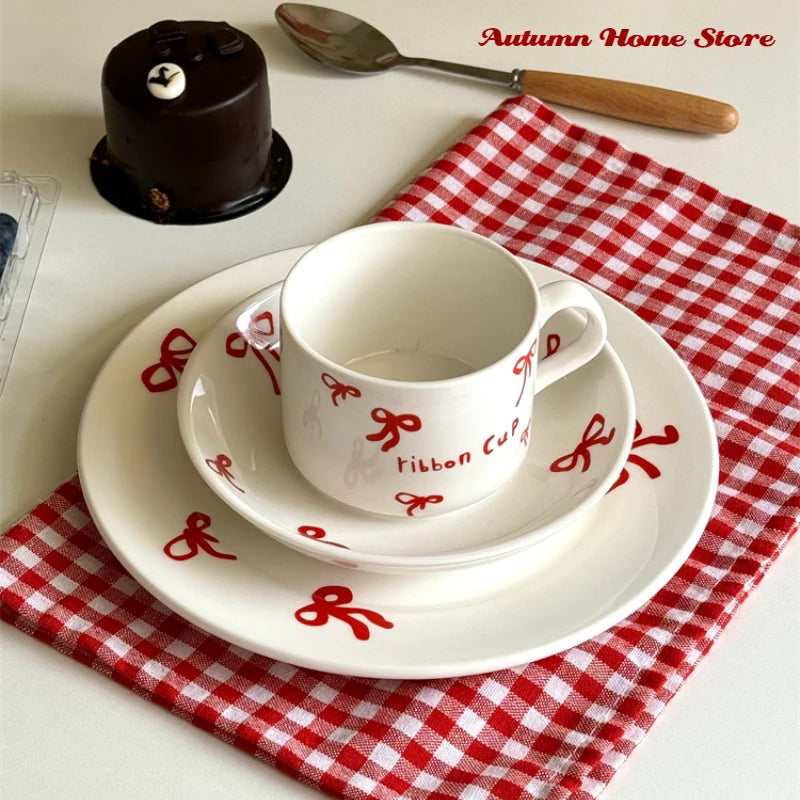 Korean Cute Bow Coffee Cup Plate Ceramic Plate Dessert Plate Kitchen Plates Sets Dinner Plates