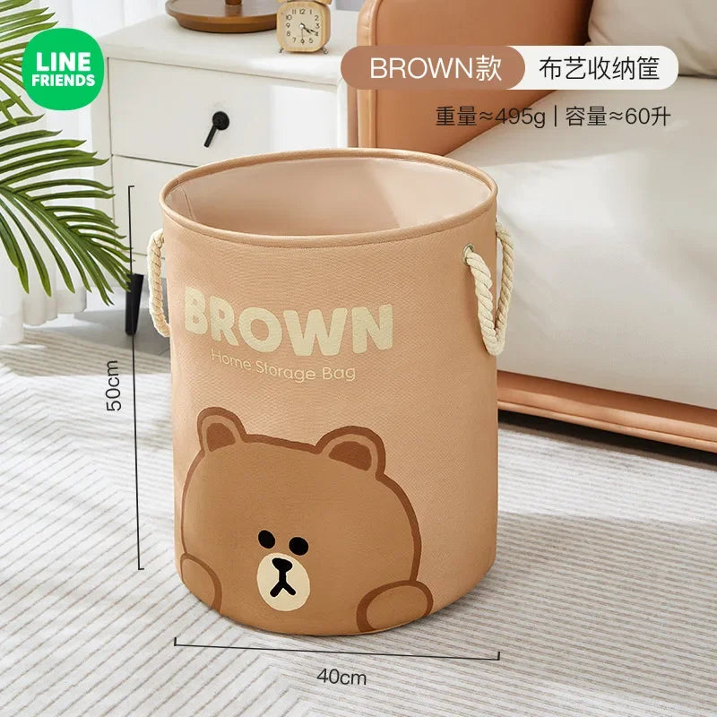 LINE FRIENDS Brown Household Dirty Clothes Basket Kawaii Bathroom Portable Oxford Cloth Foldable Thickened Toy Storage Bucket