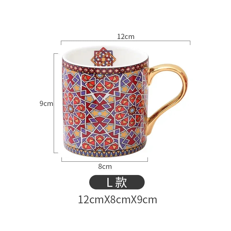 Moroccan Style Coffee Mug with Gold Handle Vintage Texture Ceramic Tea Cup Breakfast milk Cup for Couple Wedding Gift 300ml