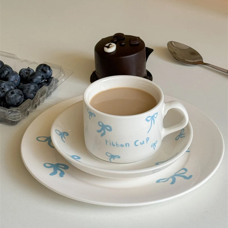 Korean Cute Bow Coffee Cup Plate Ceramic Plate Dessert Plate Kitchen Plates Sets Dinner Plates