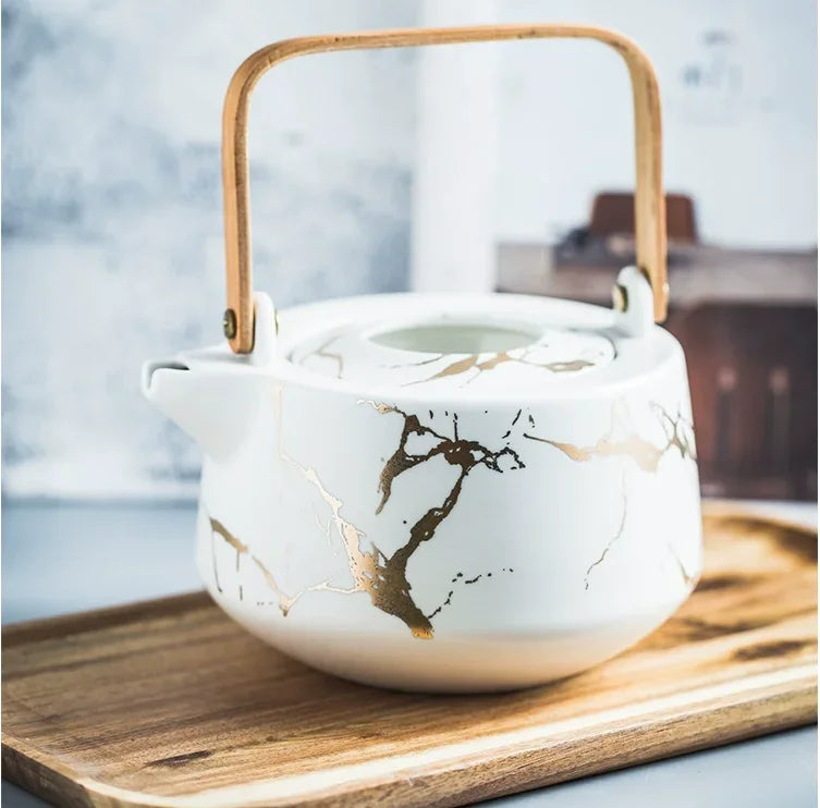 Marbled Home Tea Set Japanese Black & White Ceramic Afternoon Tea Cup with Acacia Wood Base Teapot