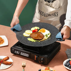 Korean BBQ Grill Pan Smokeless Round Griddle Pan Barbecue Plate Indoor Outdoor Grilling Frying Pan with Heat-resistant holder