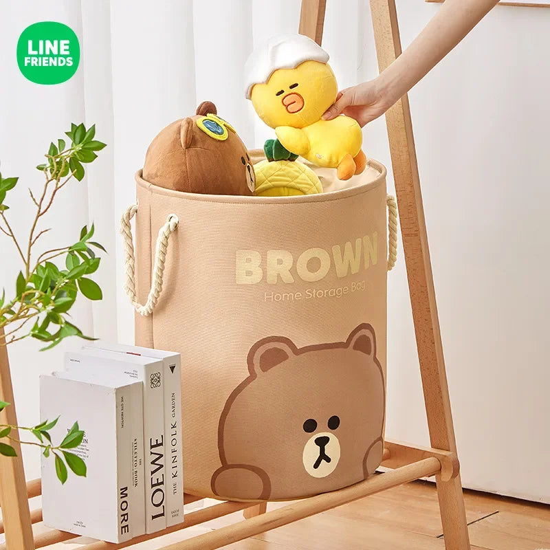 LINE FRIENDS Brown Household Dirty Clothes Basket Kawaii Bathroom Portable Oxford Cloth Foldable Thickened Toy Storage Bucket