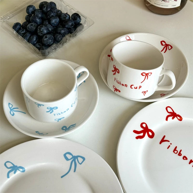 Korean Cute Bow Coffee Cup Plate Ceramic Plate Dessert Plate Kitchen Plates Sets Dinner Plates