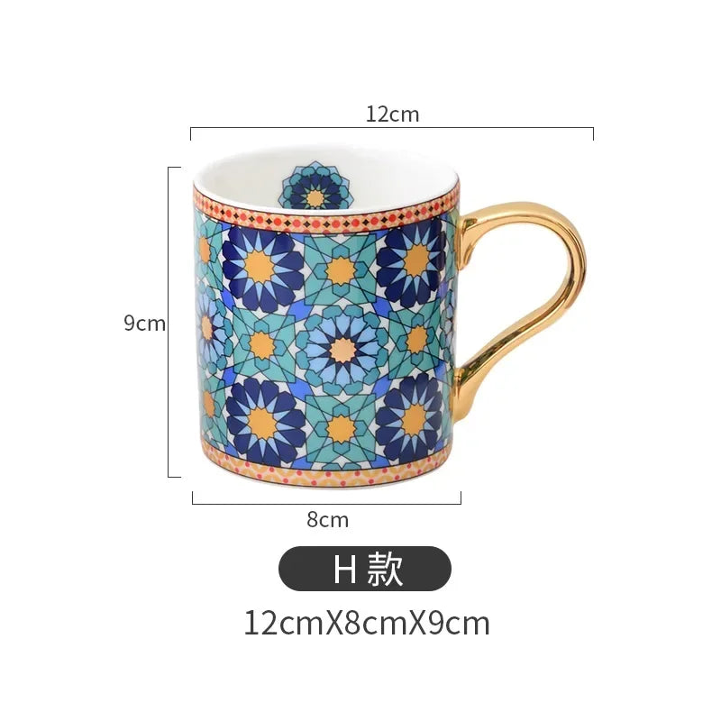 Moroccan Style Coffee Mug with Gold Handle Vintage Texture Ceramic Tea Cup Breakfast milk Cup for Couple Wedding Gift 300ml