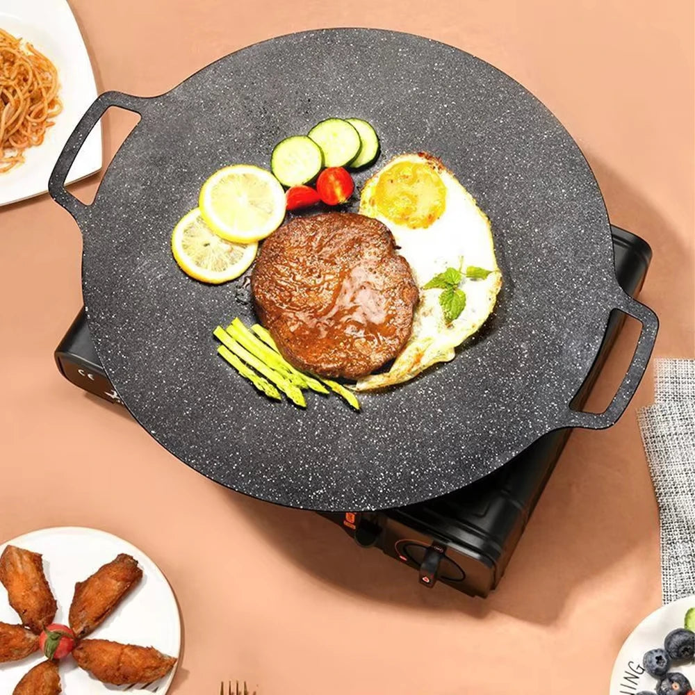 Korean BBQ Grill Pan Smokeless Round Griddle Pan Barbecue Plate Indoor Outdoor Grilling Frying Pan with Heat-resistant holder