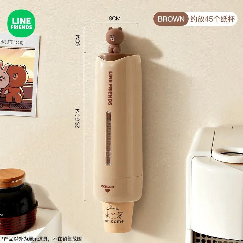 Cartoon Brown Disposable Cup Storage Box Kawaii Line Friends Wall Mounted Dust Proof Household Water Dispenser Paper Cup Holder